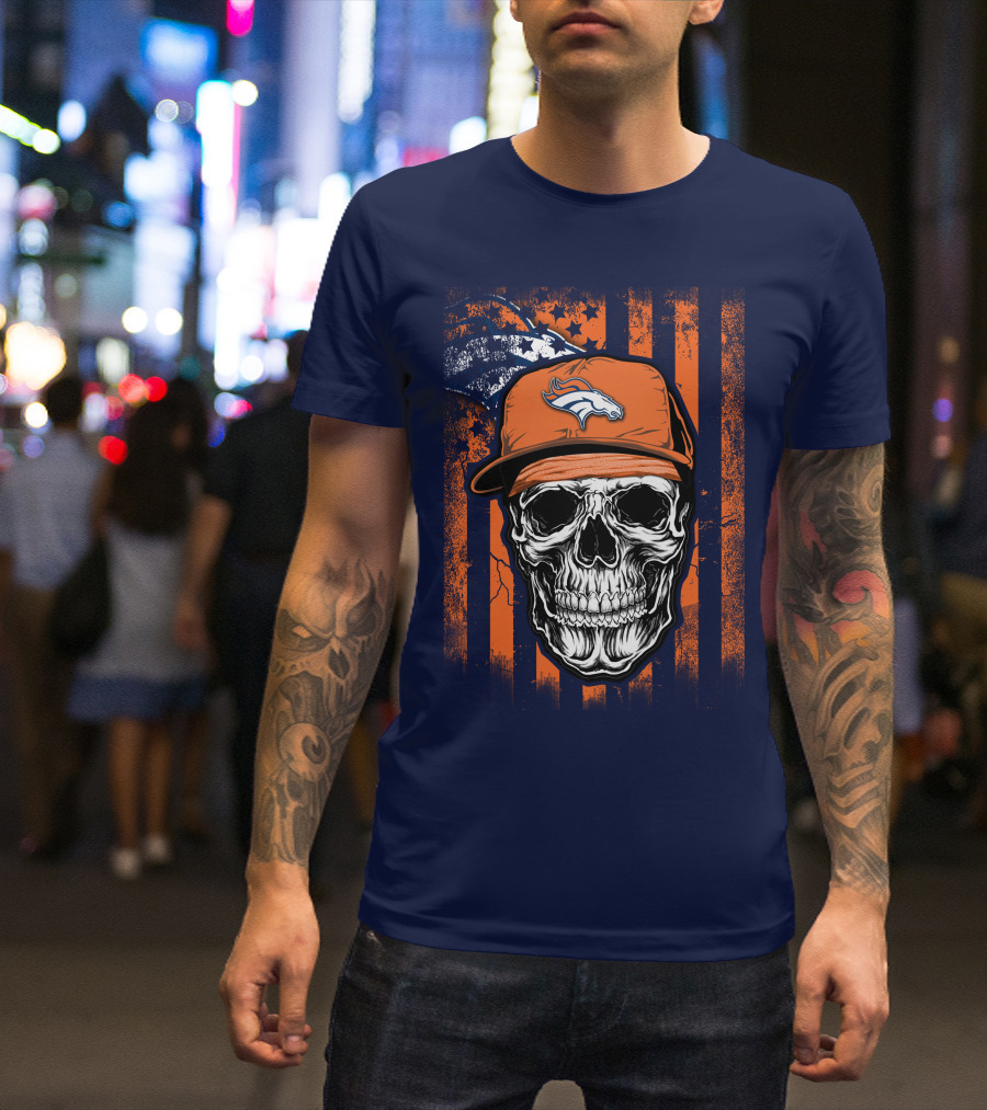 Skull V1 Denver Broncos Flag Style Football Skull Cap T-Shirt