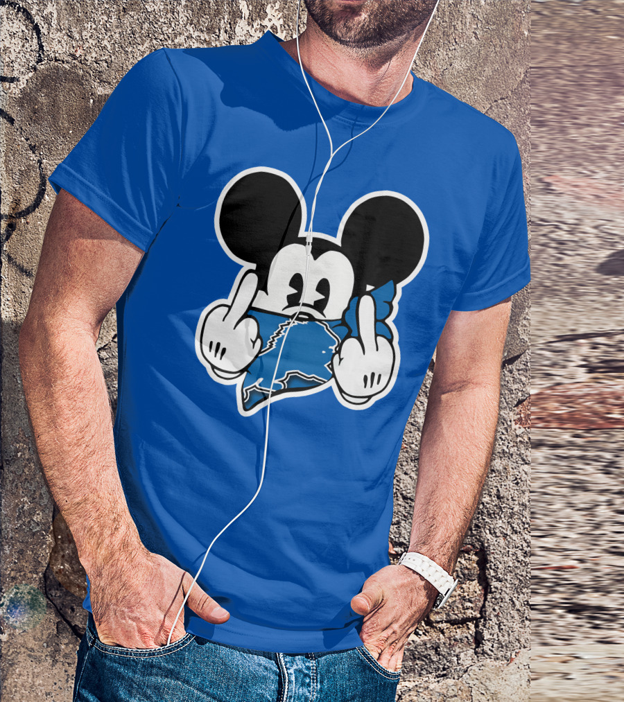 Detroit Lions 53 Mickey Mouse Gesture Blue Bandana T-Shirt