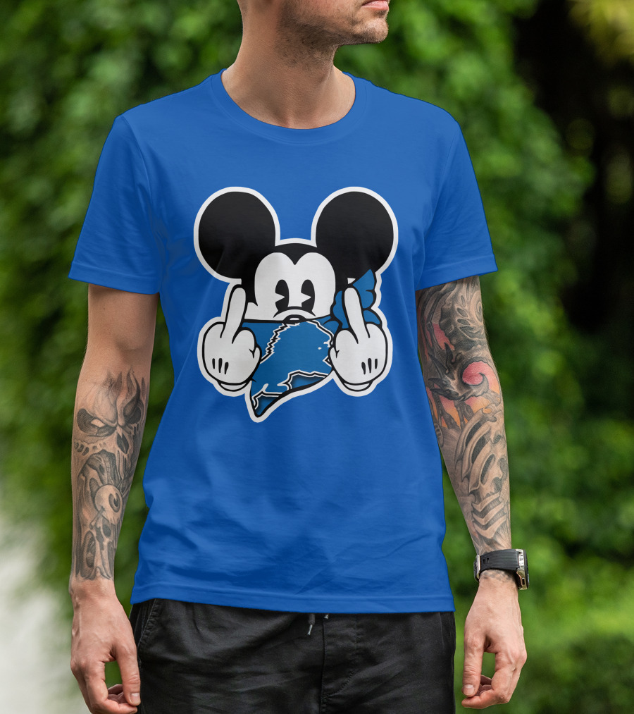 Detroit Lions 53 Mickey Mouse Gesture Blue Bandana T-Shirt