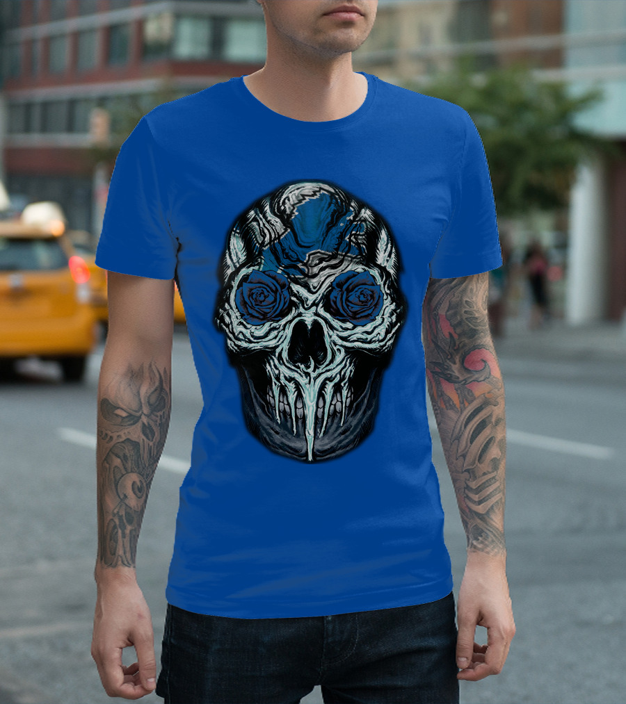 Detroit Lions 57 Skull Blue Roses T-Shirt