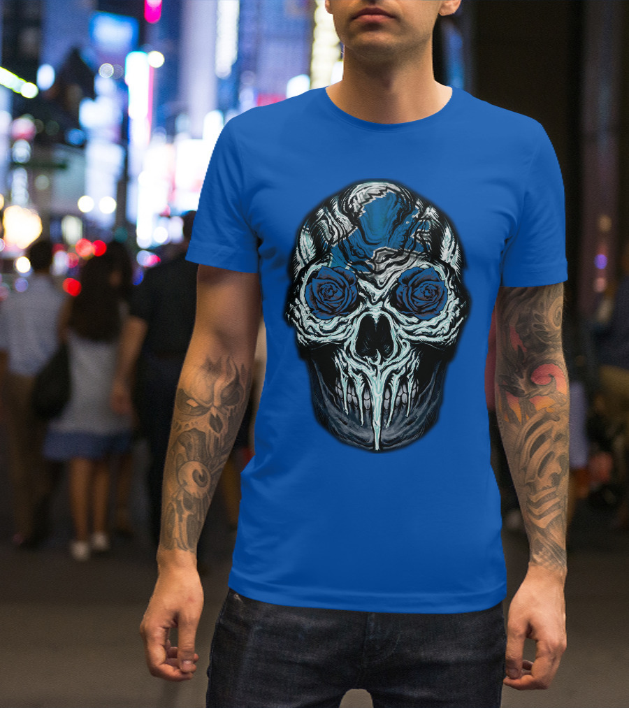 Detroit Lions 57 Skull Blue Roses T-Shirt