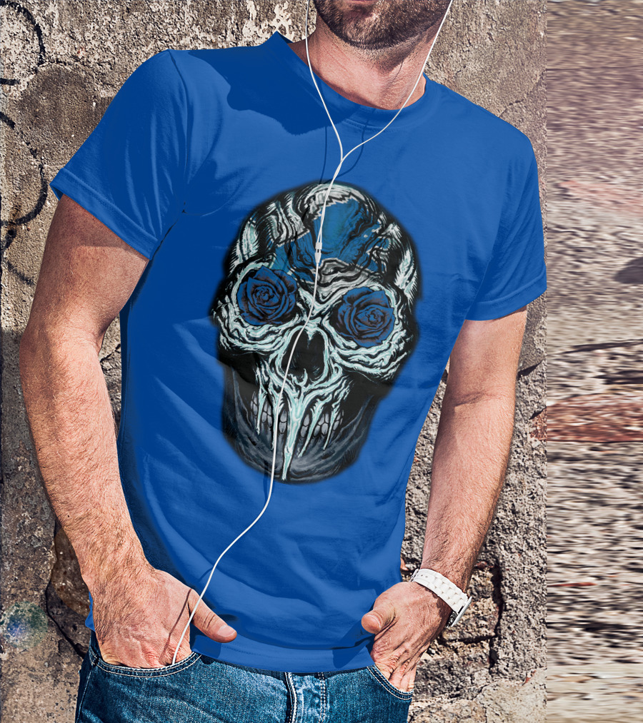 Detroit Lions 57 Skull Blue Roses T-Shirt