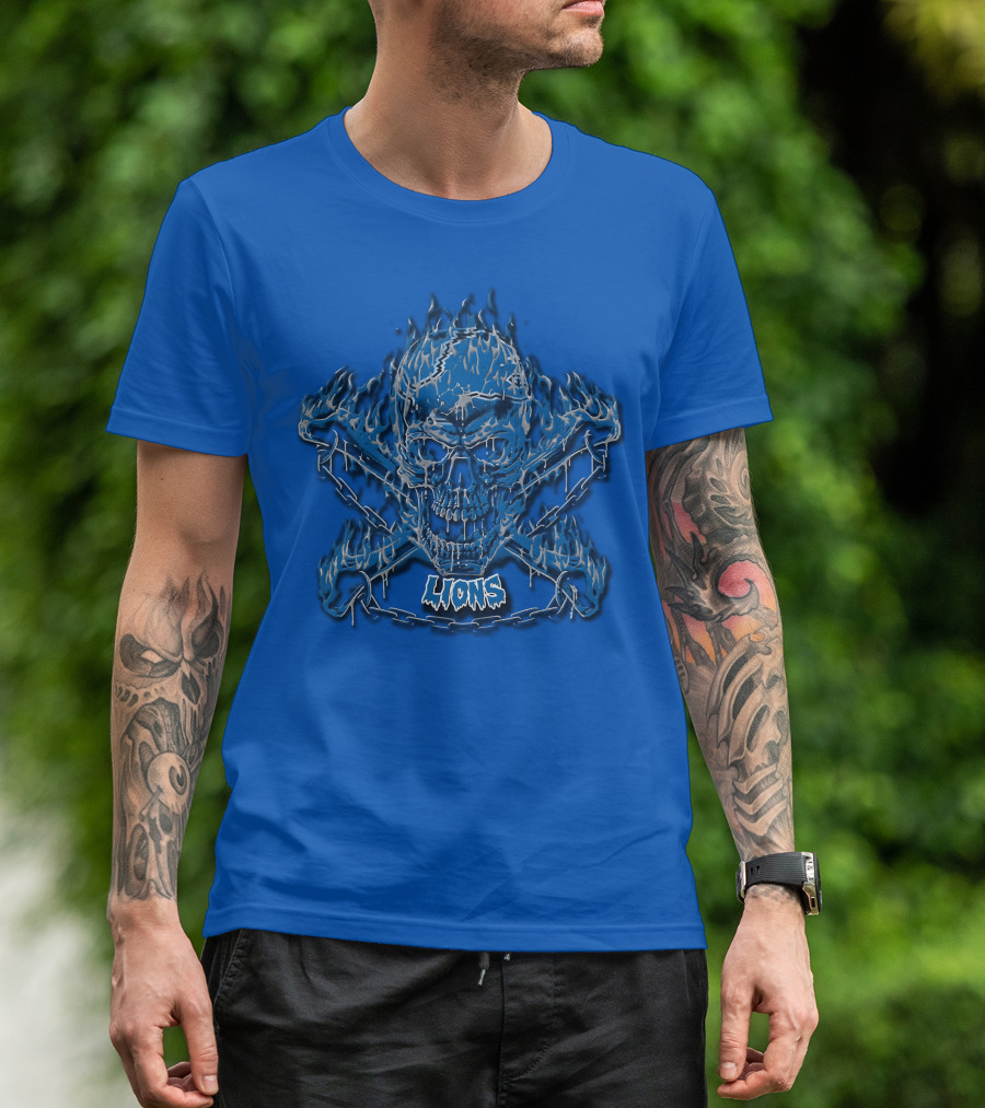 Detroit Lions Skull And Crossbones Fiery Blue T-Shirt