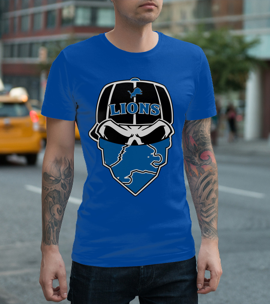 Detroit Lions Skull Bandana Cap Logo Blueprint T-Shirt