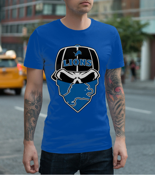 Detroit Lions Skull Bandana Cap Logo Blueprint T-Shirt