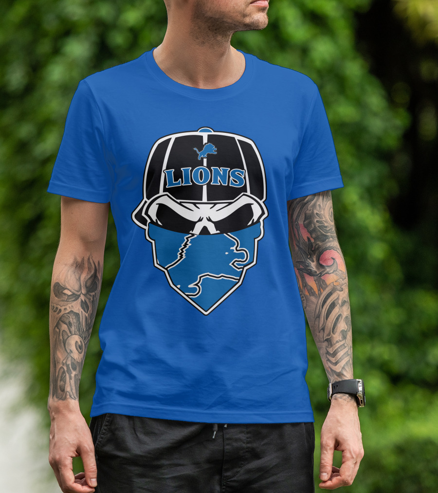 Detroit Lions Skull Bandana Cap Logo Blueprint T-Shirt