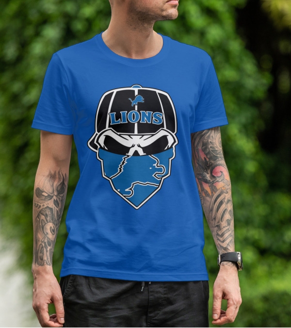 Detroit Lions Skull Bandana Cap Logo Blueprint T-Shirt