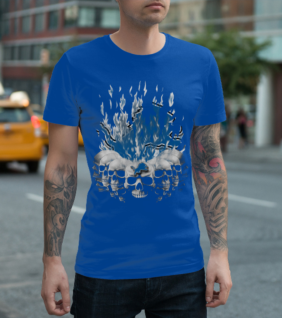 Detroit Lions 16 Flaming Skulls T-Shirt