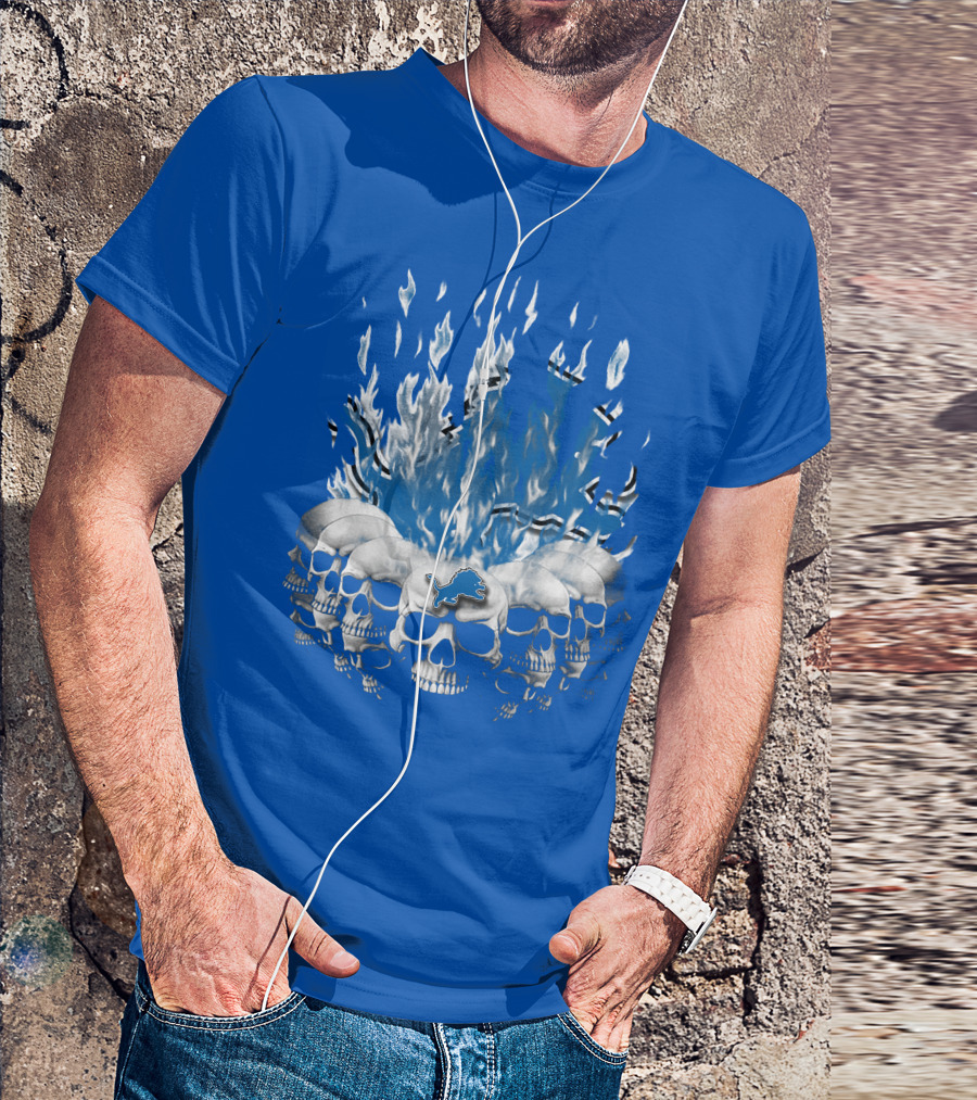 Detroit Lions 16 Flaming Skulls T-Shirt