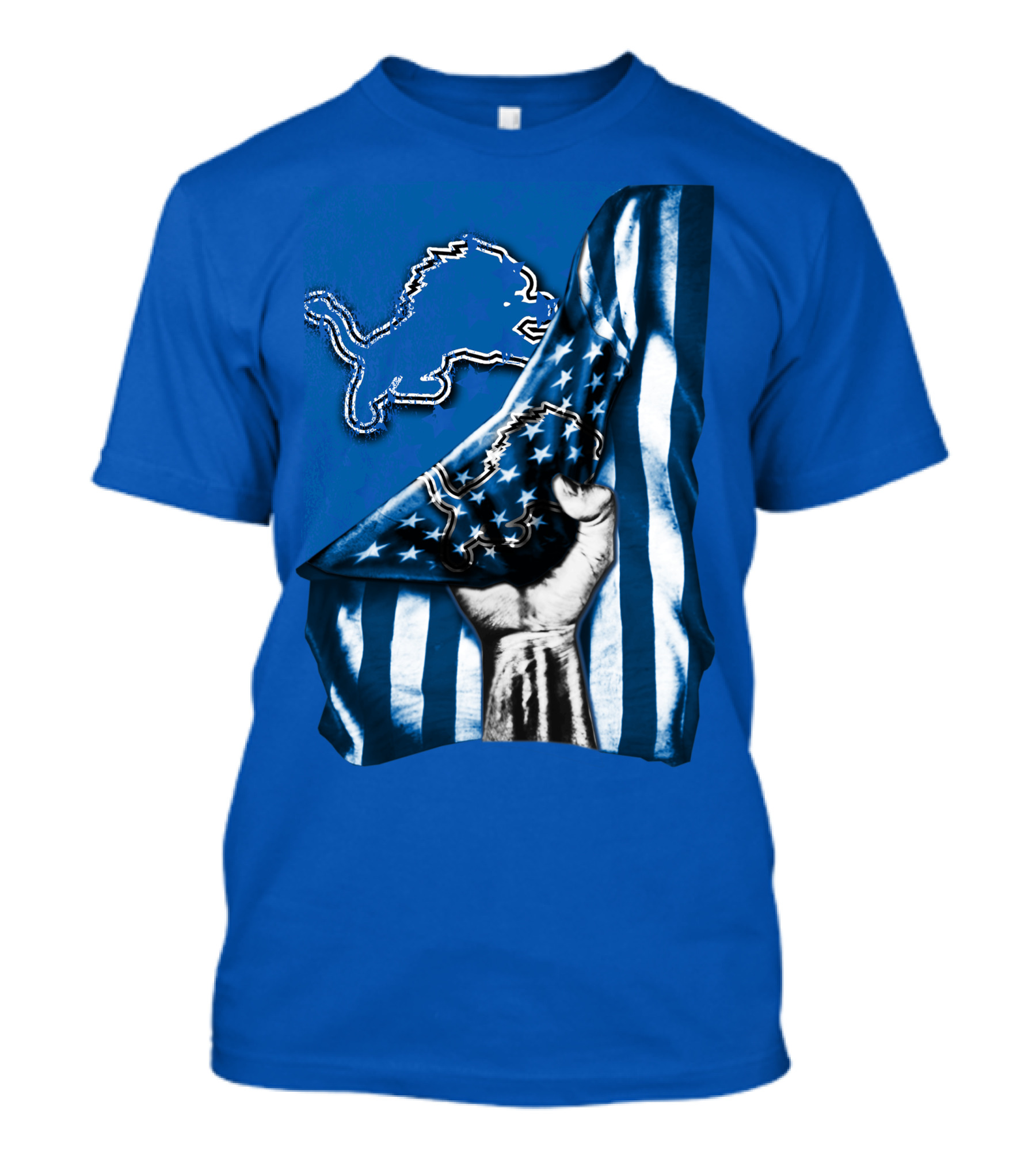 Flag V1 Detroit Lions Blue And White Stars And Stripes Fist T-Shirt