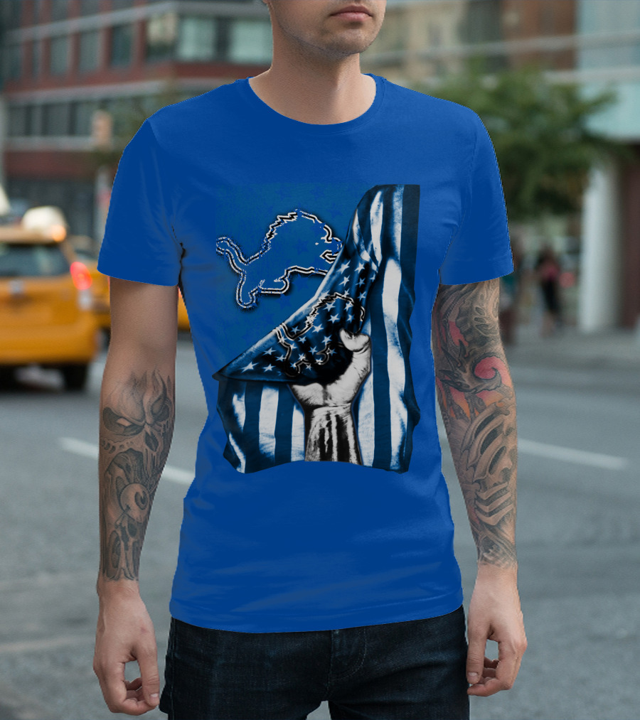 Flag V1 Detroit Lions Blue And White Stars And Stripes Fist T-Shirt