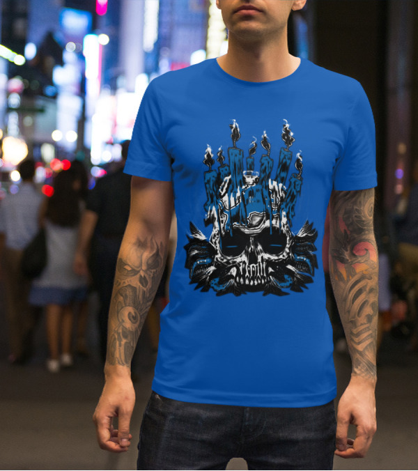 Detroit Lions Skull With Blue Flames And Candles T-Shirt