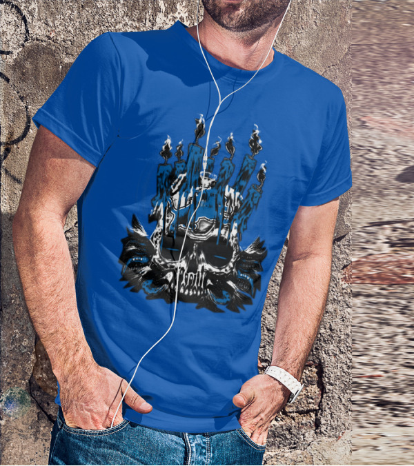 Detroit Lions Skull With Blue Flames And Candles T-Shirt