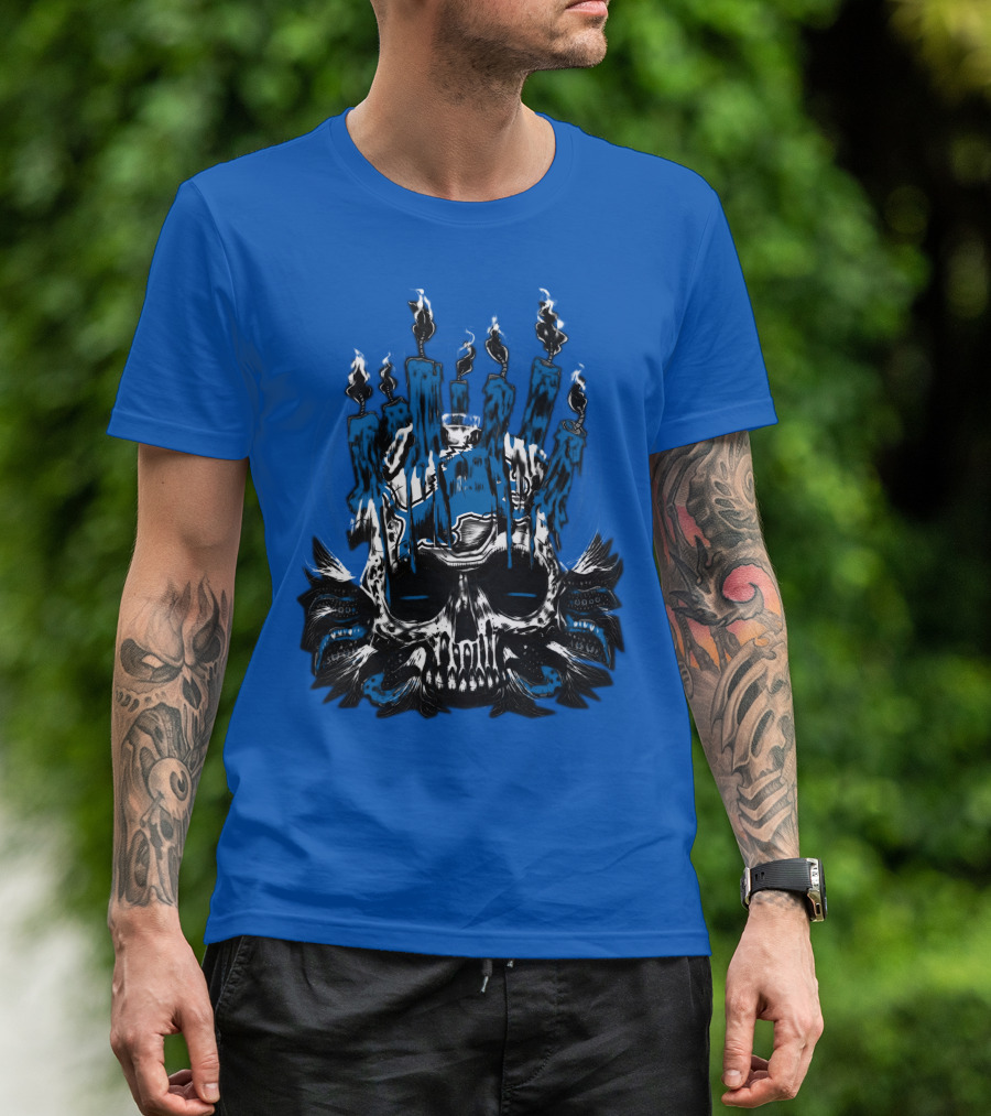 Detroit Lions Skull With Blue Flames And Candles T-Shirt