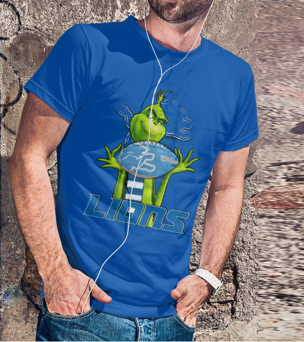 Grinch Holding Blue Detroit Lions Football T-Shirt