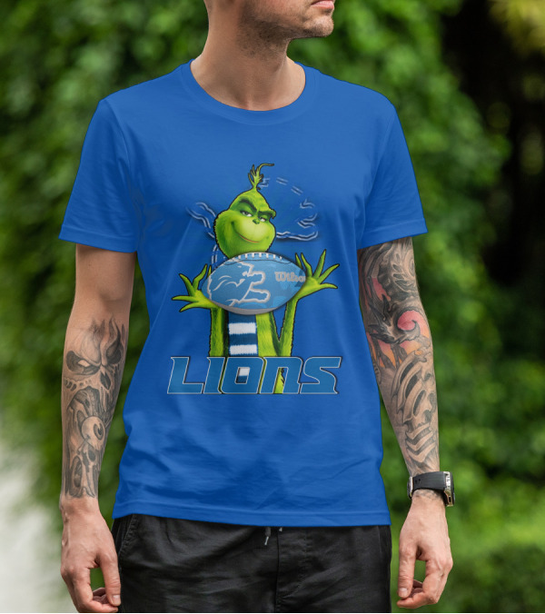 Grinch Holding Blue Detroit Lions Football T-Shirt