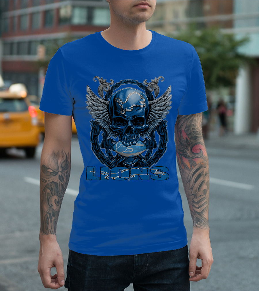 Winged Skull Detroit Lions Emblem Blue Silver Chains T-Shirt