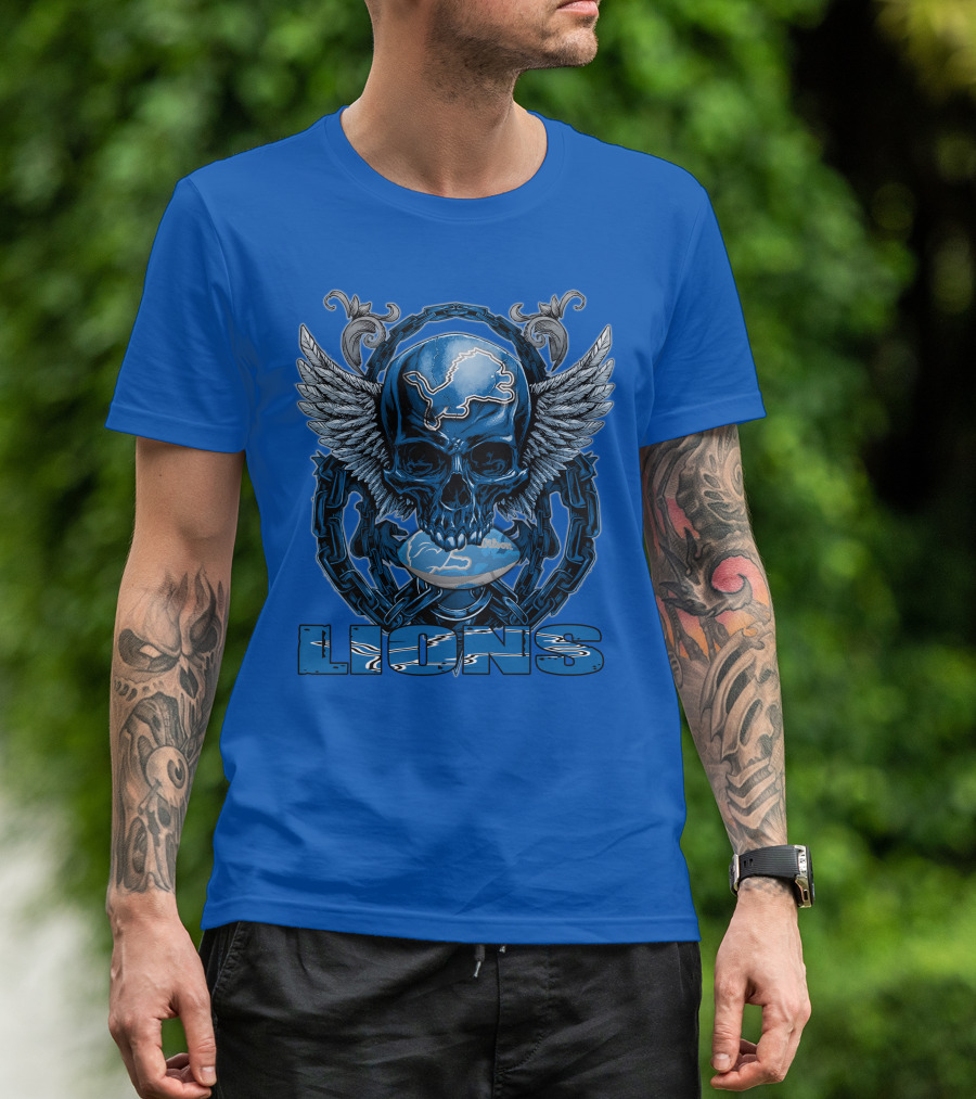 Winged Skull Detroit Lions Emblem Blue Silver Chains T-Shirt