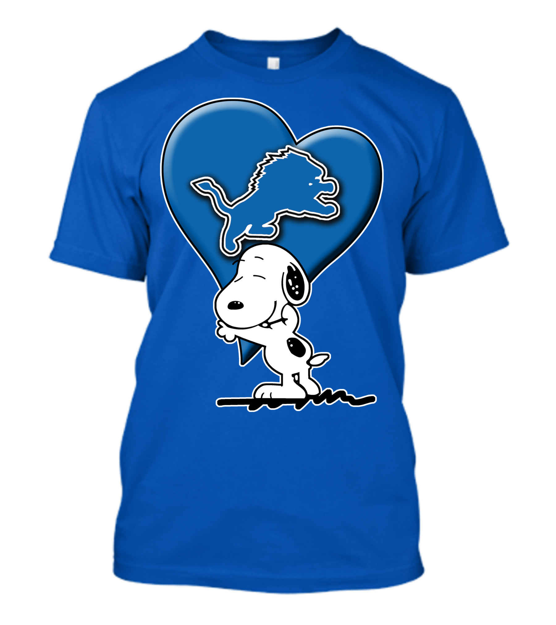 Snp DETROIT LIONS Blue Heart Snoopy Hugging Lion T-Shirt