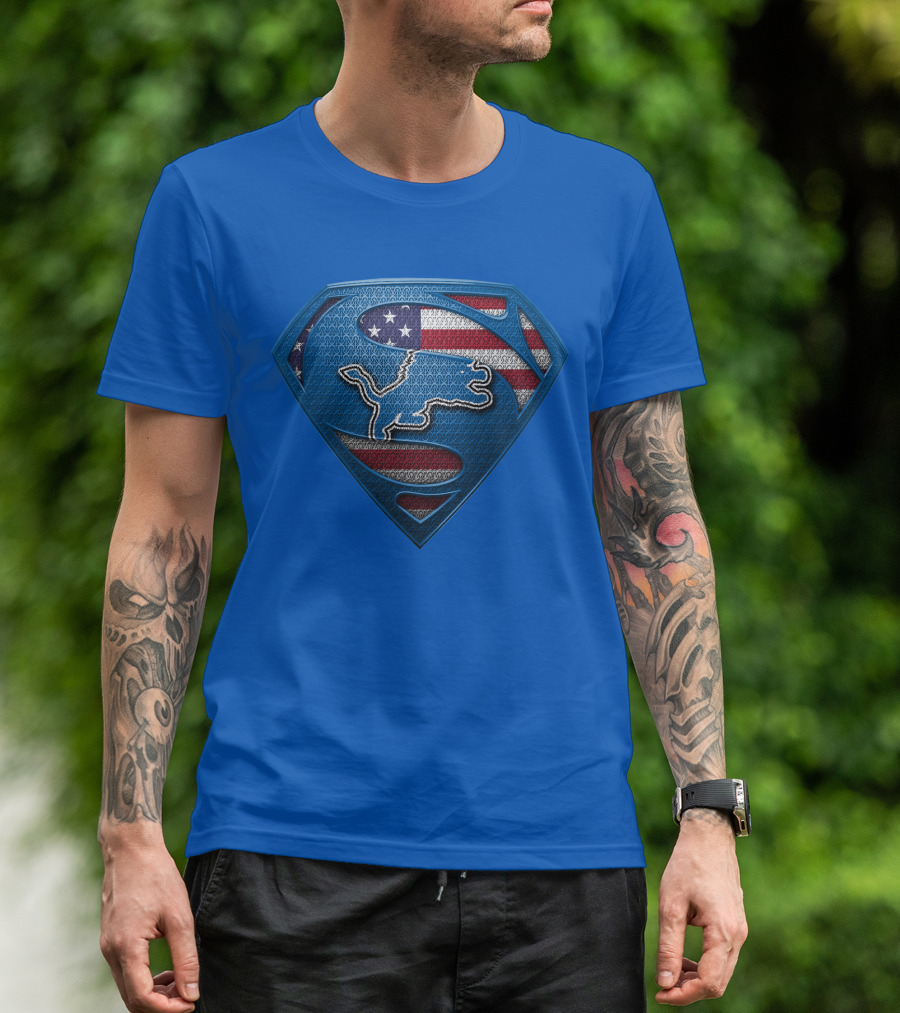Spm Detroit Lions Superman Shield American Flag T-Shirt