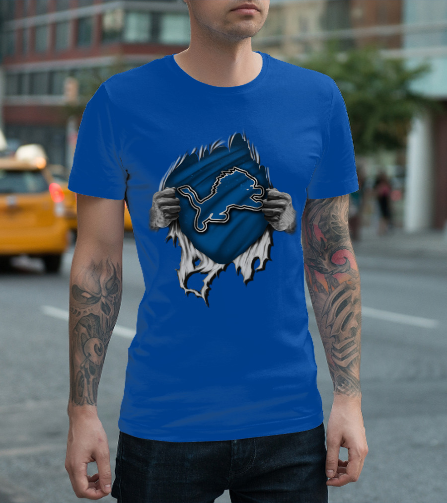 Torn DETROIT LIONS Logo Revealed Through Ripped Blue Fabric T-Shirt