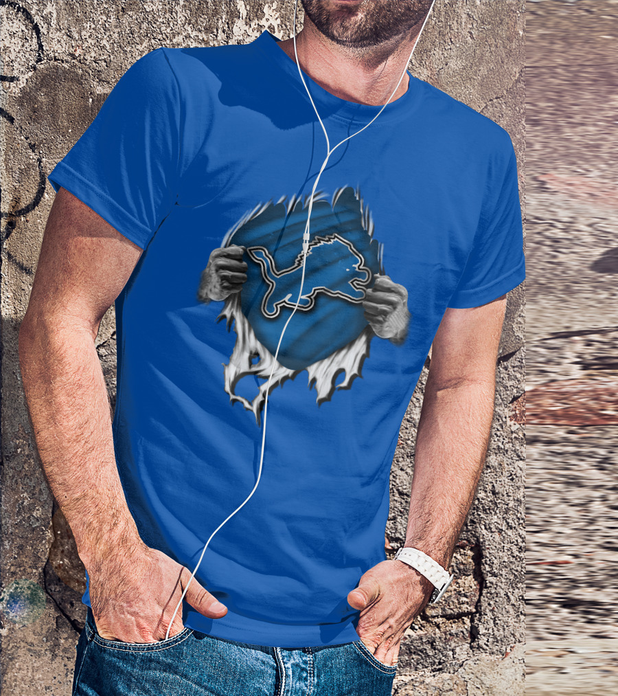 Torn DETROIT LIONS Logo Revealed Through Ripped Blue Fabric T-Shirt