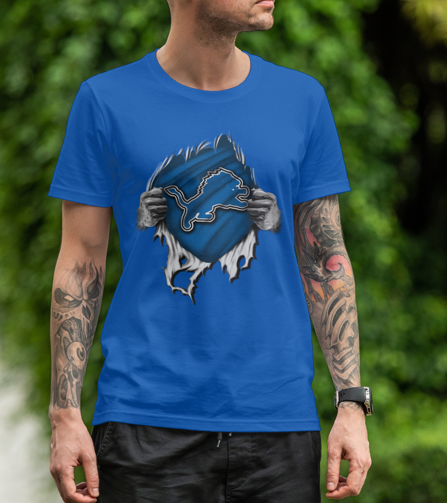 Torn DETROIT LIONS Logo Revealed Through Ripped Blue Fabric T-Shirt