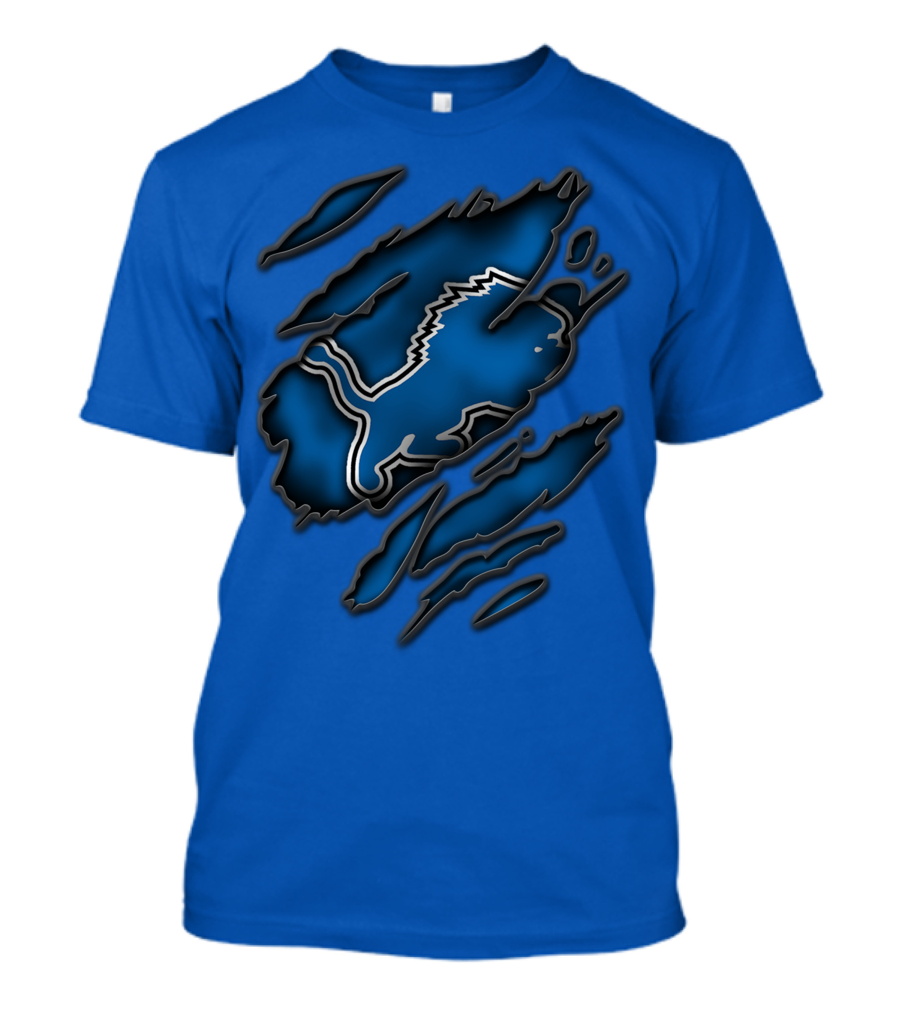 Torn Detroit Lions Blue Texture With Iconic Lion Logo In Claw Marks T-Shirt