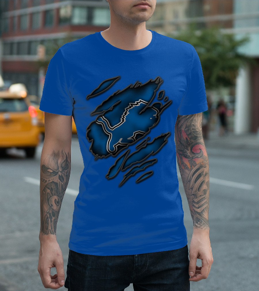 Torn Detroit Lions Blue Texture with Iconic Lion Logo in Claw Marks T-Shirt