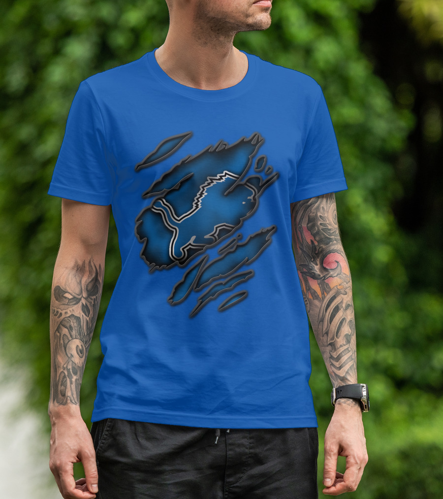 Torn Detroit Lions Blue Texture With Iconic Lion Logo In Claw Marks T-Shirt