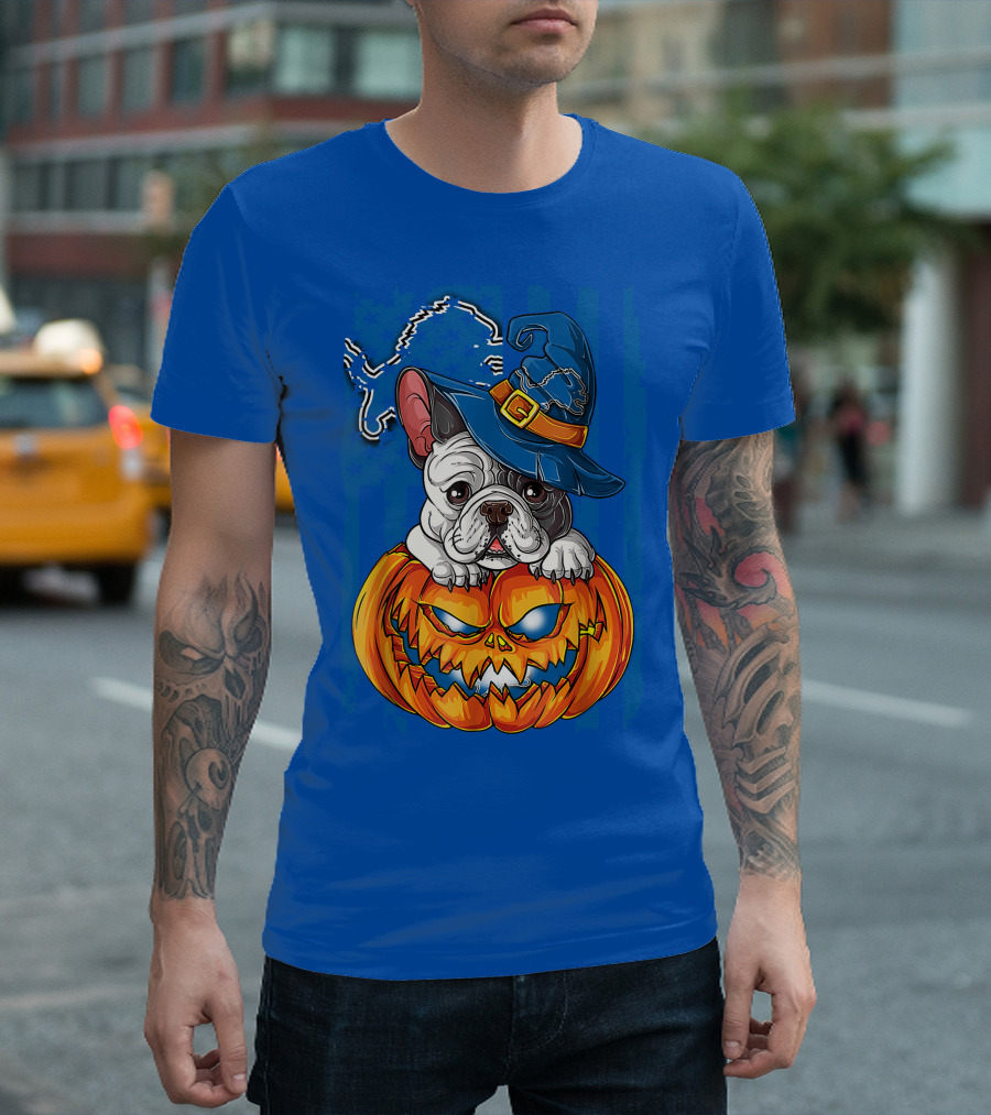 Hlw Bulldog DETROIT LIONS Halloween Bulldog Pumpkin Pajama Football Fan Gift T-Shirt