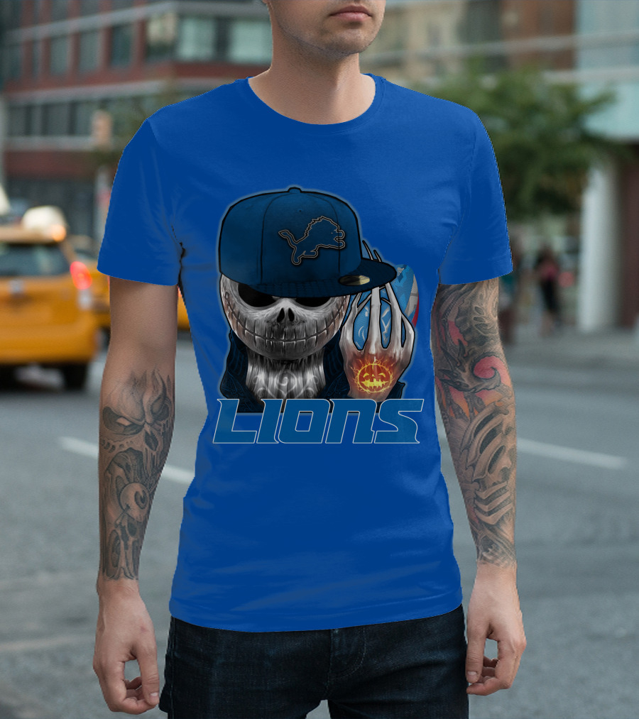 LIONS Jackskull Detroit Football Pumpkin Face Cap T-Shirt