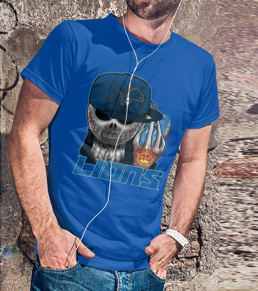 LIONS Jackskull Detroit Football Pumpkin Face Cap T-Shirt