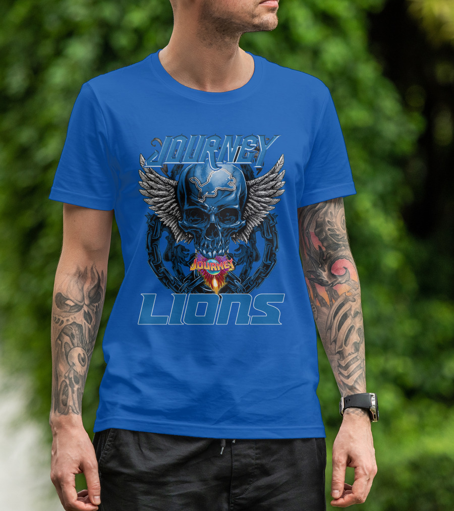 Journey Detroit Lions Skull Wings Flame Chain T-Shirt