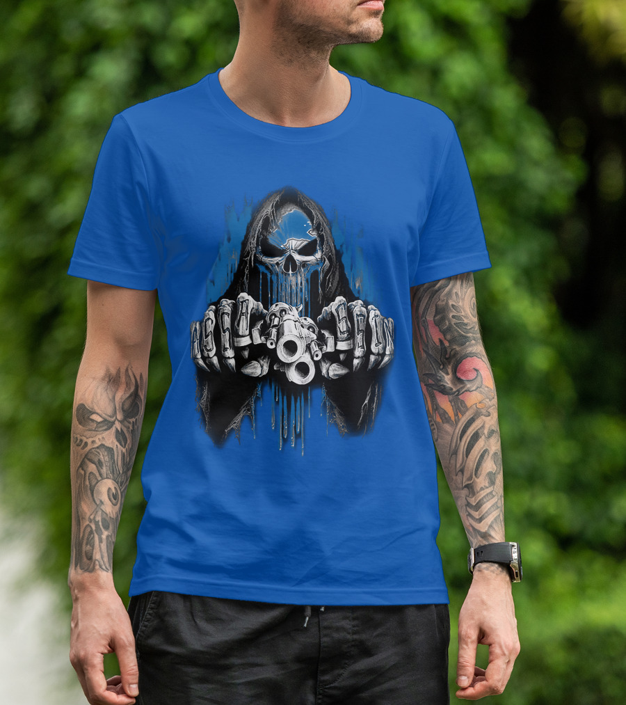 Detroit Lions 67 Grim Reaper Skeleton Guns T-Shirt