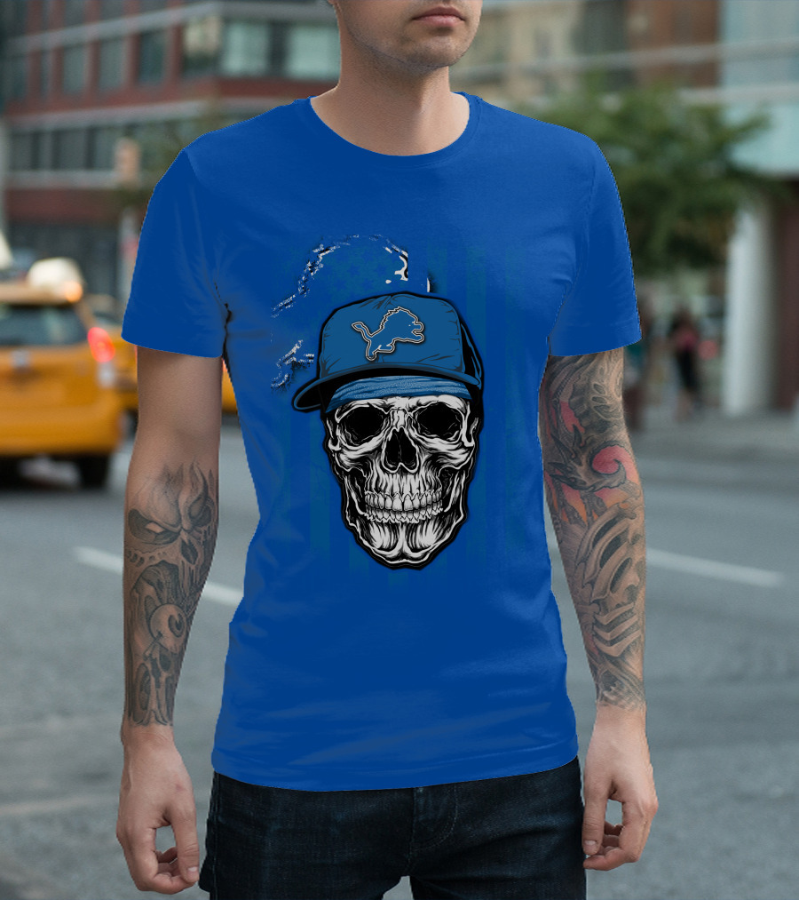 DETROIT LIONS Skull with Cap Sports T-Shirt