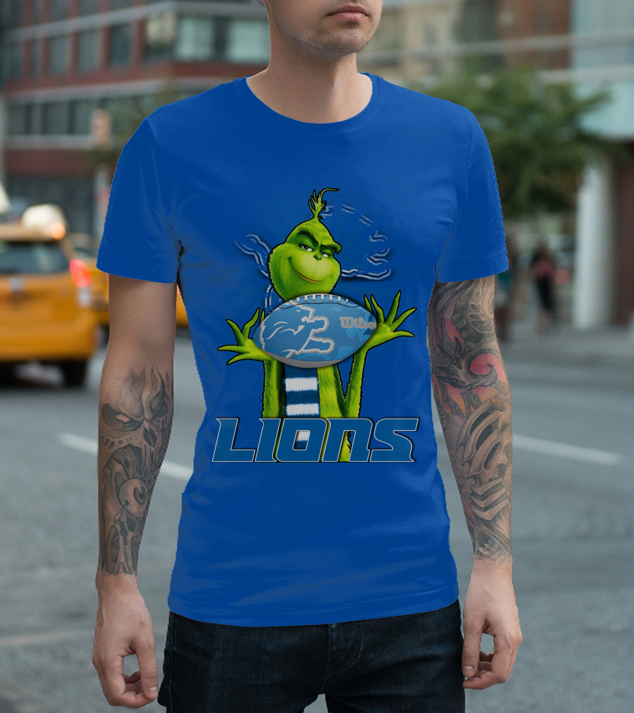 Grinch Holding Detroit Lions Football Blue T-Shirt