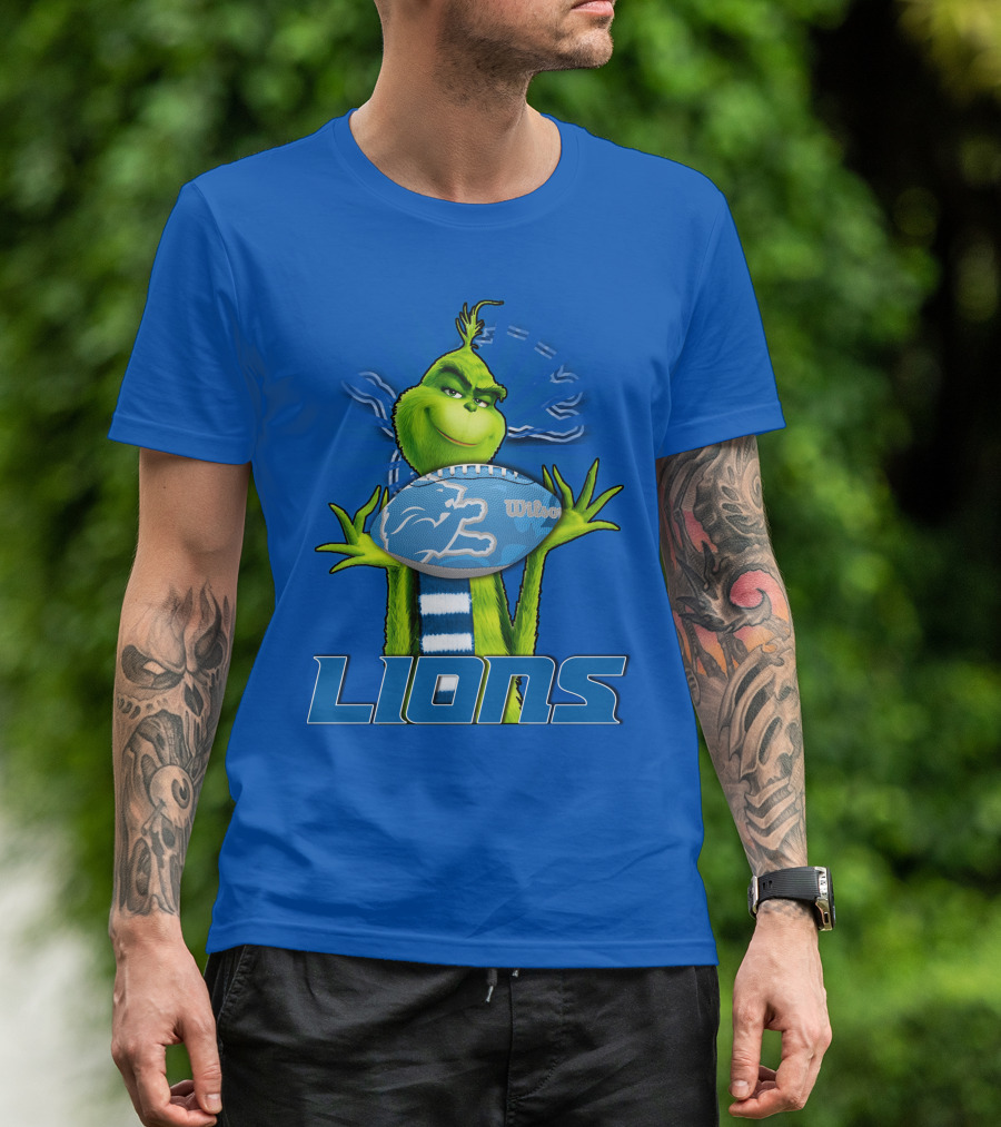 Grinch Holding Detroit Lions Football Blue T-Shirt