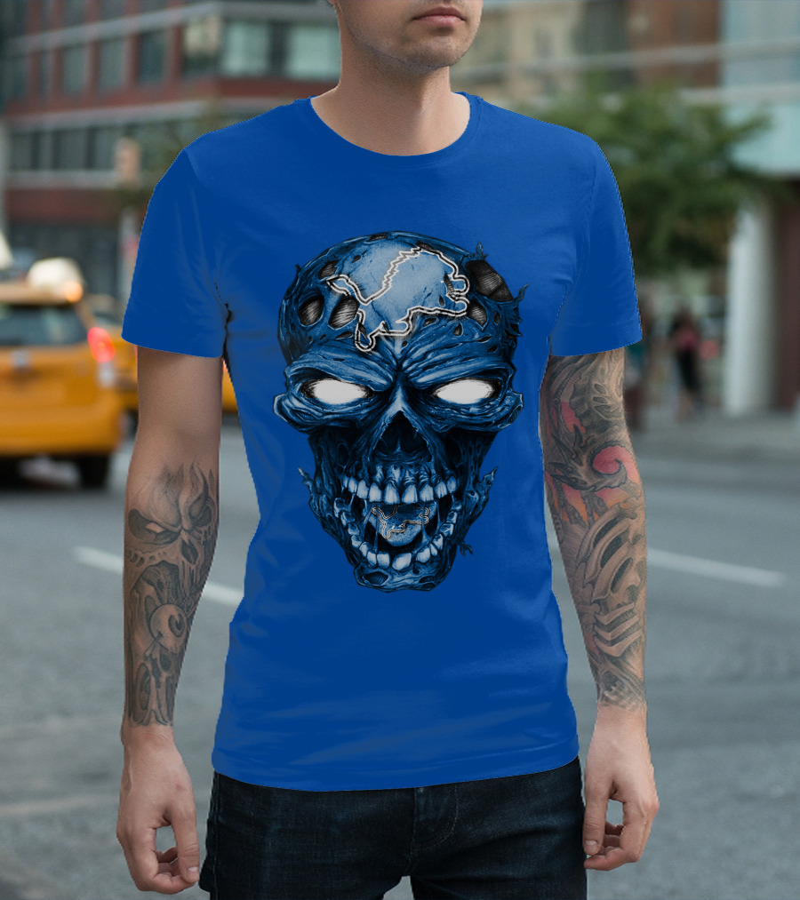 Skull Detroit Lions Distressed Blue Grunge T-Shirt