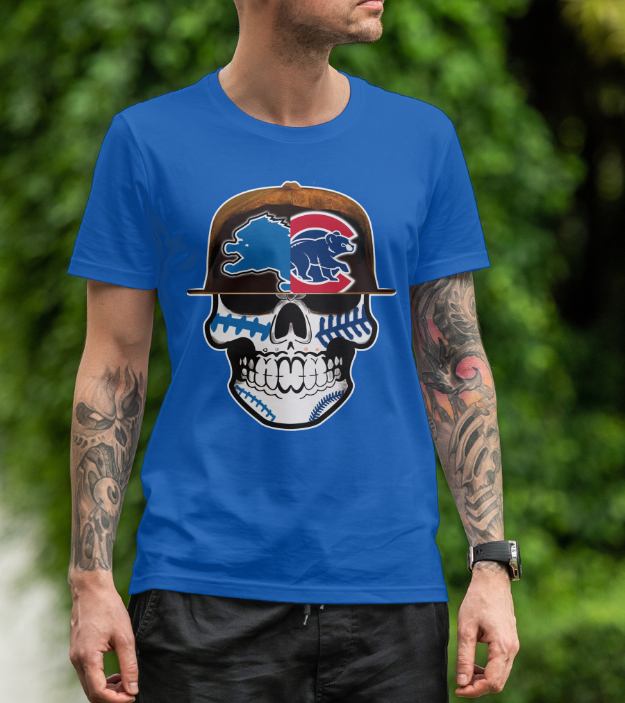 Detroit Lions Chicago Cubs Mashup Skull T-Shirt