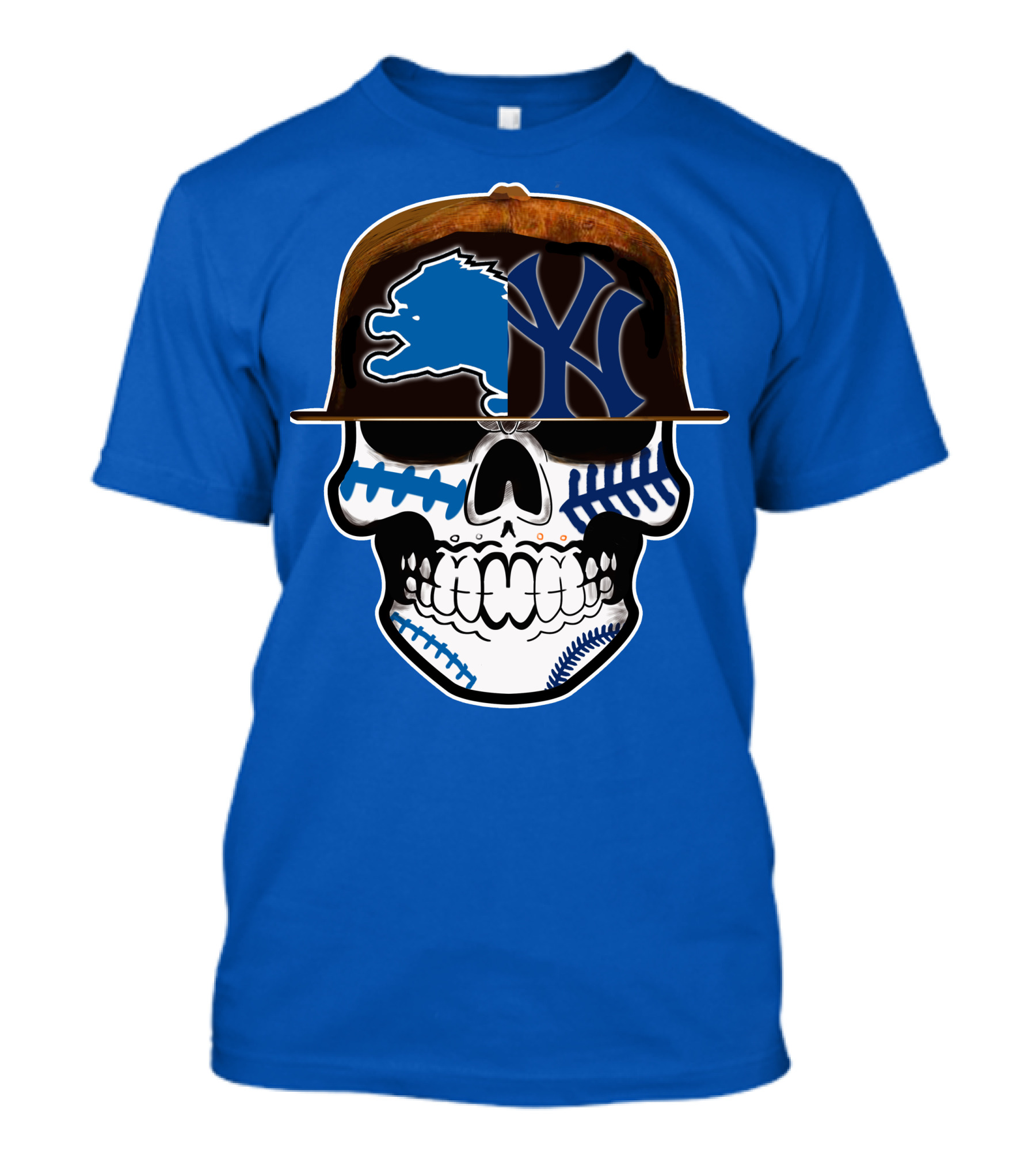 Detroit Lions Yankees Skull Blue Baseball Hat 74 T-Shirt
