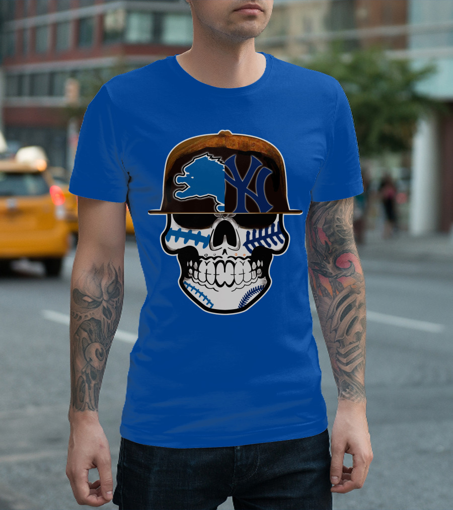 Detroit Lions Yankees Skull Blue Baseball Hat 74 T-Shirt