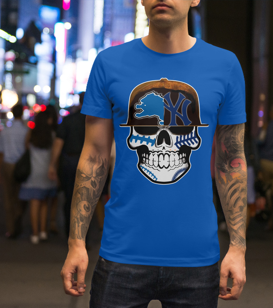 Detroit Lions Yankees Skull Blue Baseball Hat 74 T-Shirt