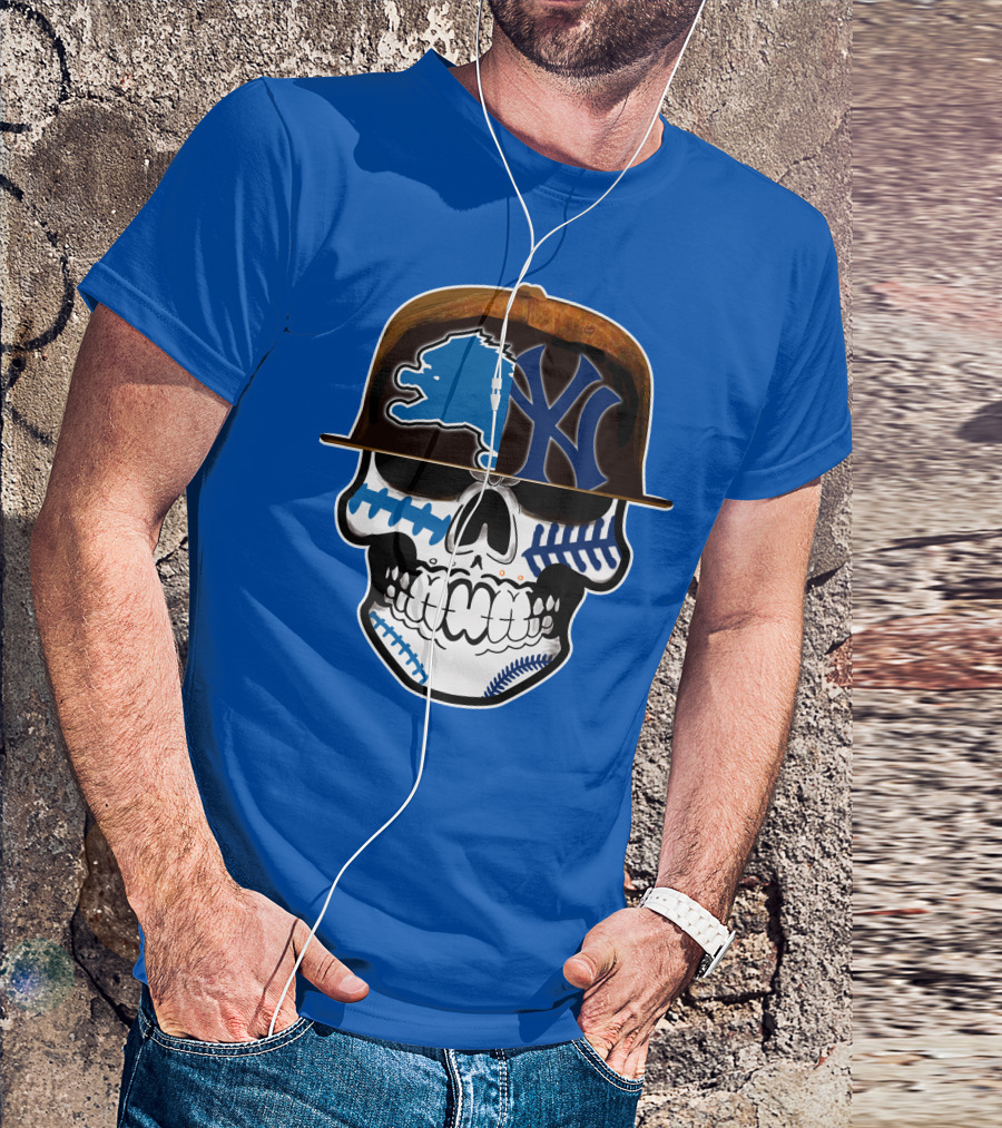 Detroit Lions Yankees Skull Blue Baseball Hat 74 T-Shirt