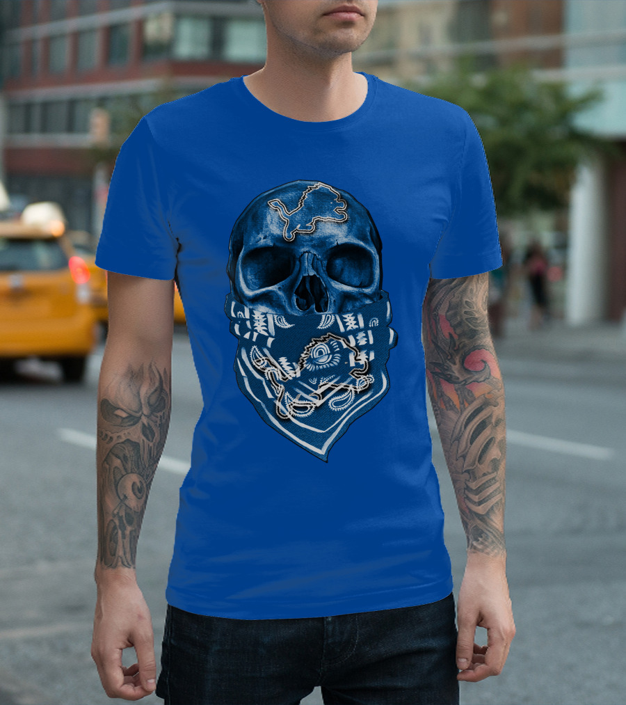 Detroit Lions Skull Bandana Blue T-Shirt