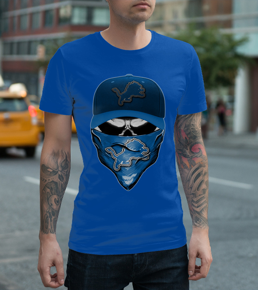 DETROIT LIONS Skull Face Mask Cap T-Shirt