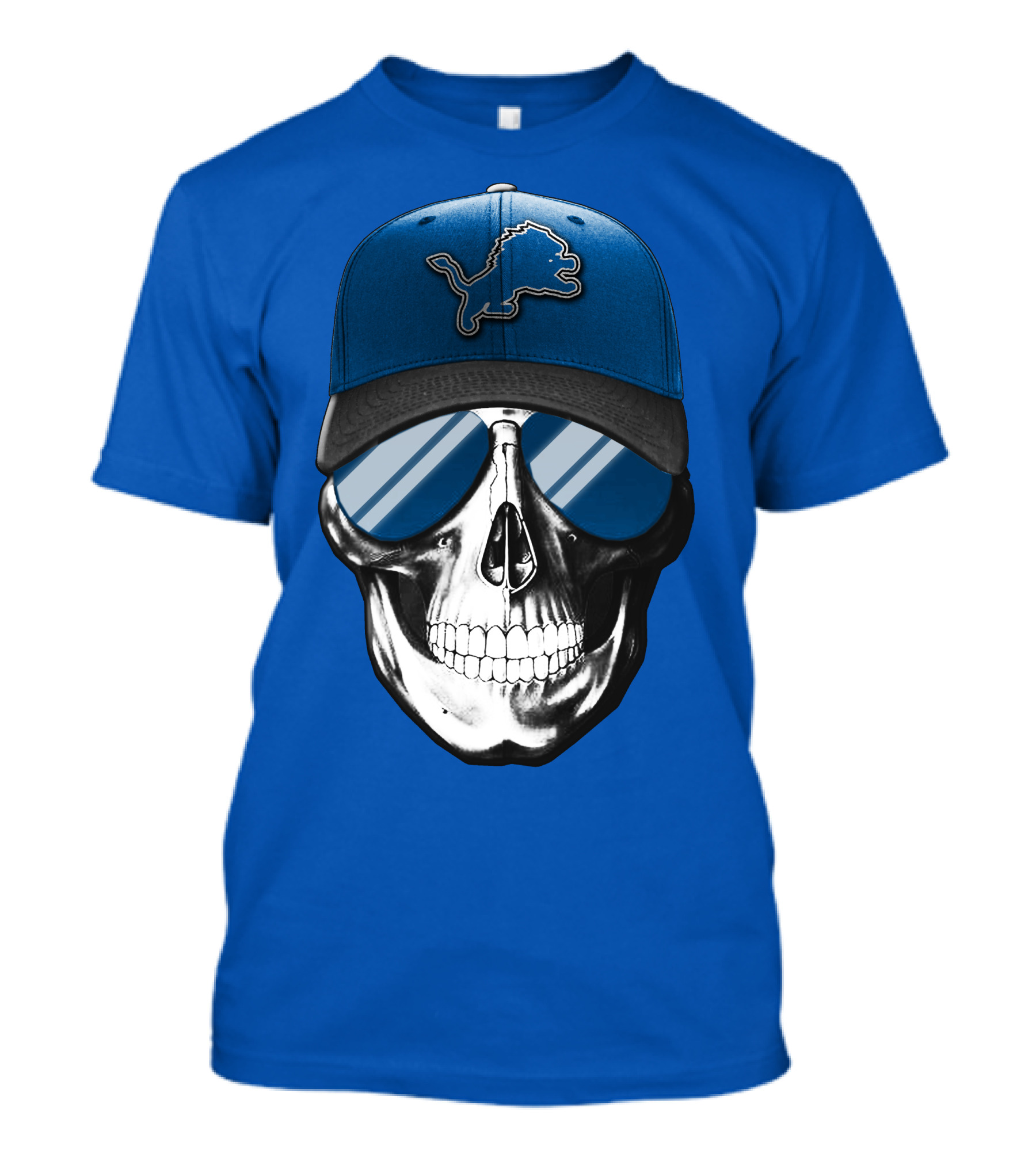 Skull Wearing Detroit Lions Cap With Reflective Sunglasses T-Shirt