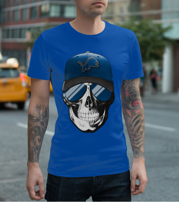 Skull Wearing Detroit Lions Cap With Reflective Sunglasses T-Shirt
