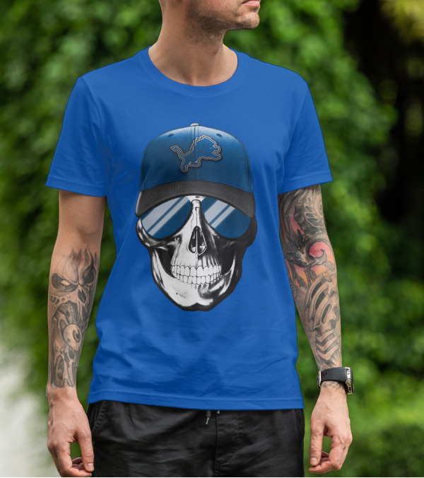 Skull Wearing Detroit Lions Cap With Reflective Sunglasses T-Shirt