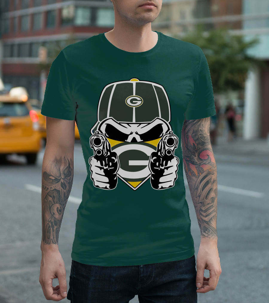 Green Bay Packers G Logo Helmet With Crossed Guns Face Mask T-Shirt
